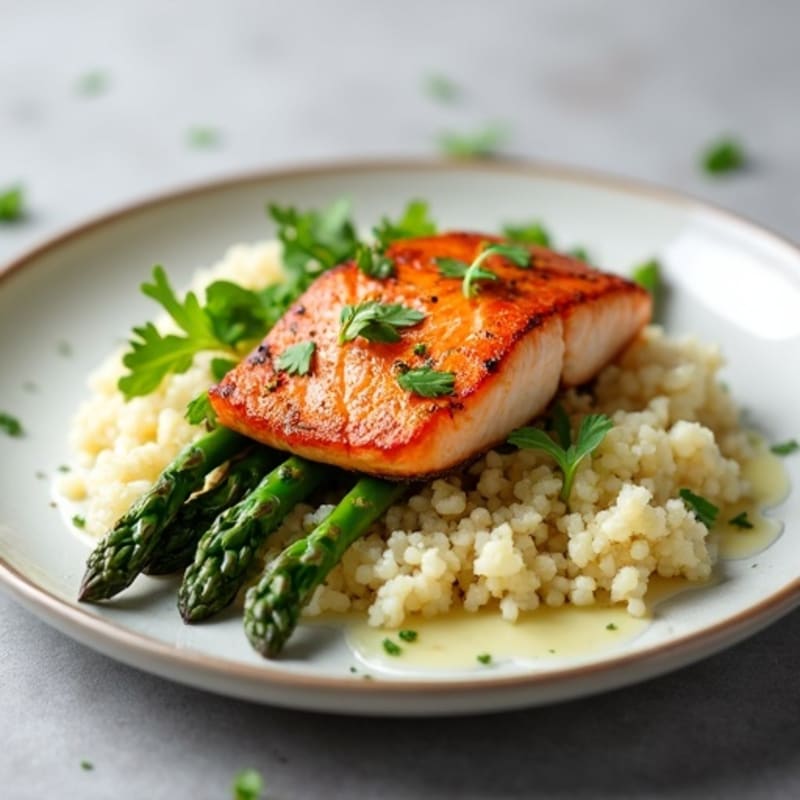 Seared Salmon with Steamed Asparagus and Cauliflower Rice