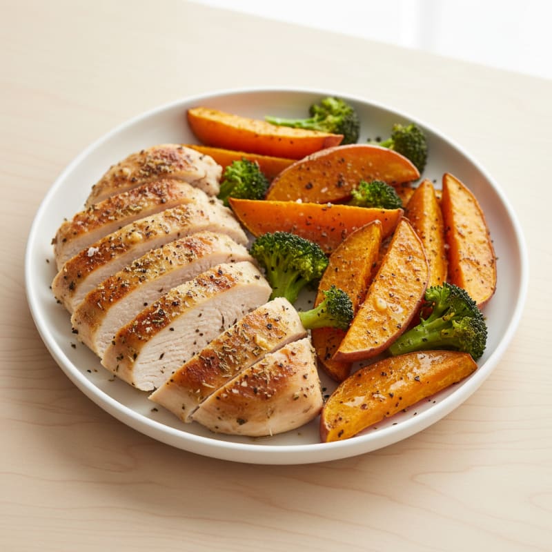 Golden Roasted Sweet Potato Wedges with Herb Chicken