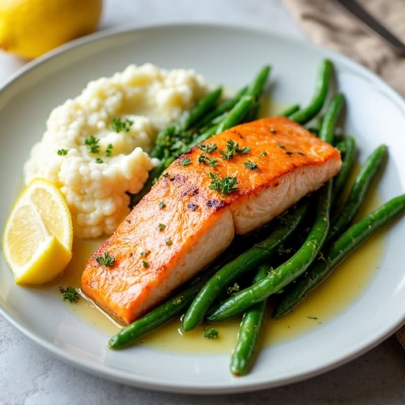 Seared Salmon with Lemon Garlic Green Beans and Cauliflower Mash
