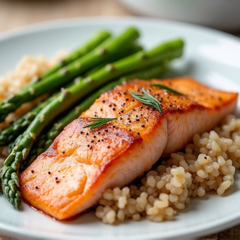 Seared Salmon with Steamed Asparagus and Brown Rice