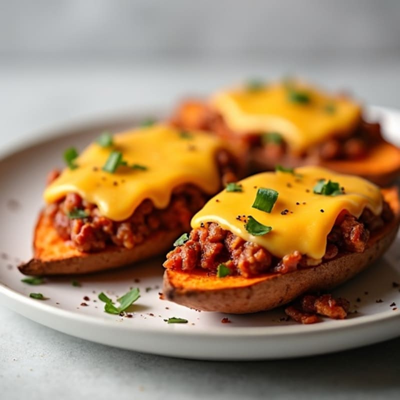 Crispy Baked Sweet Potato Skins with Lean Chili and Melted Cheesy Topping