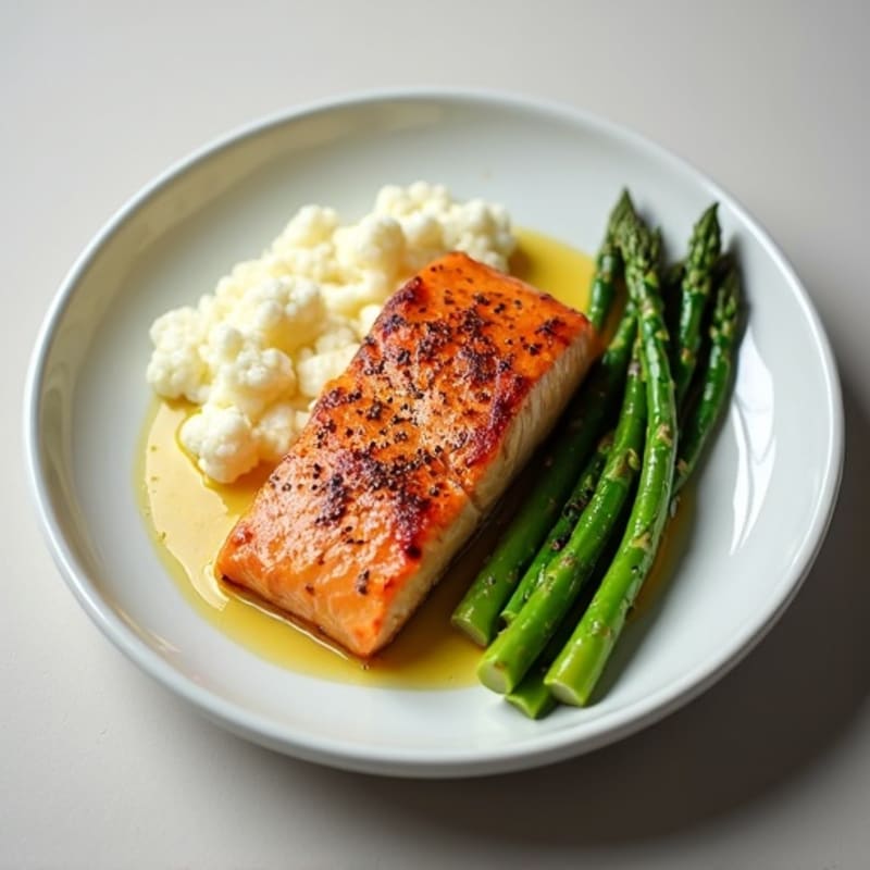 Seared Salmon with Steamed Asparagus and Cauliflower Mash