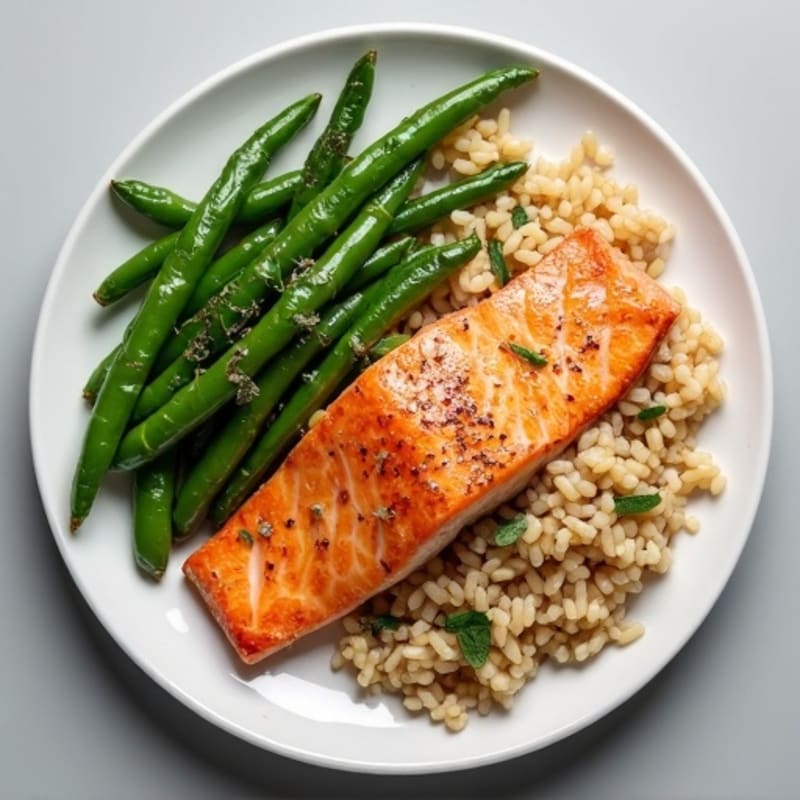 Seared Salmon with Garlic Green Beans and Brown Rice