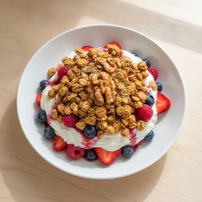 Creamy Greek Yogurt Parfait with Mixed Berries and Vanilla Protein Granola