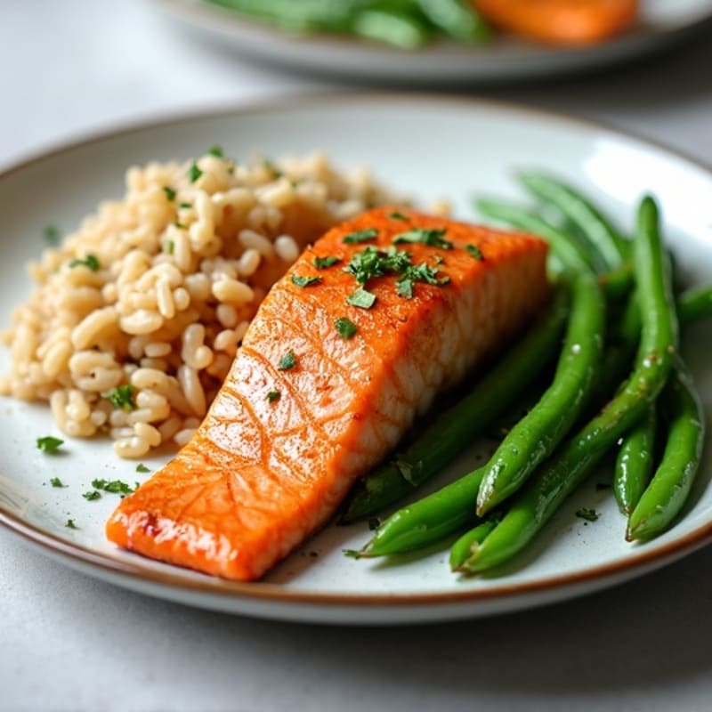 Seared Salmon with Garlic Green Beans and Brown Rice