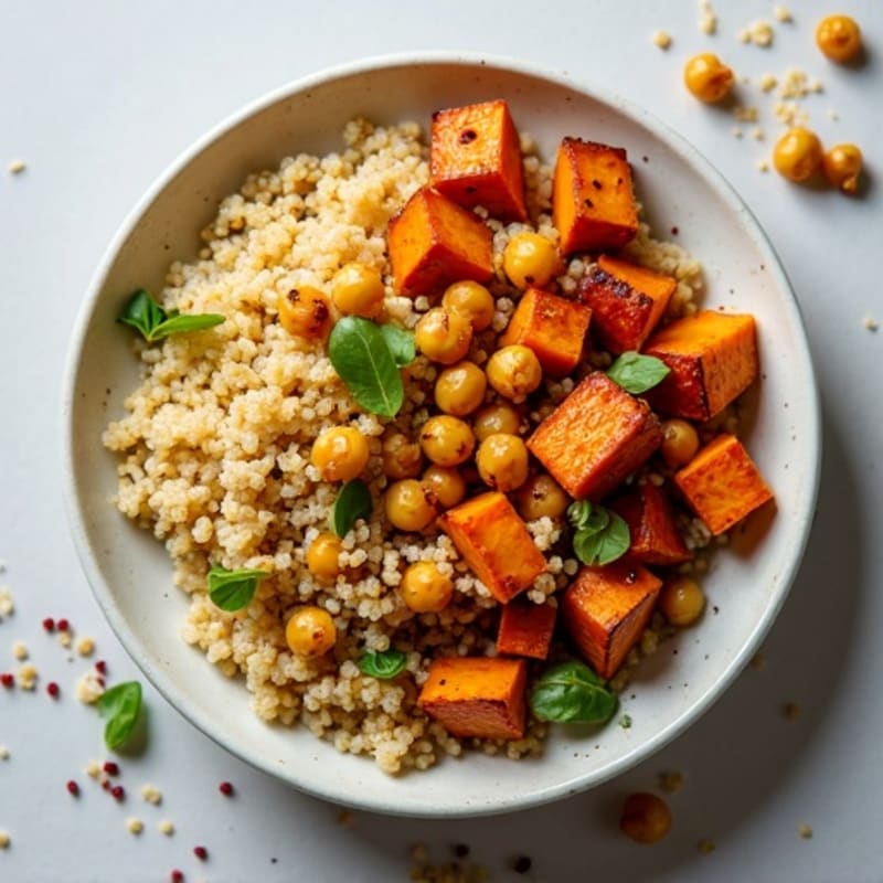 Crispy Roasted Chickpea Quinoa Bowl with Maple Glazed Sweet Potatoes
