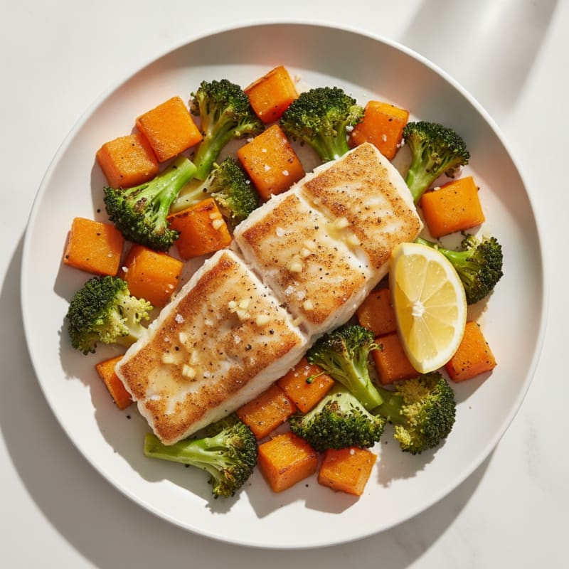 Seared White Fish with Lemon-Garlic Broccoli and Roasted Butternut