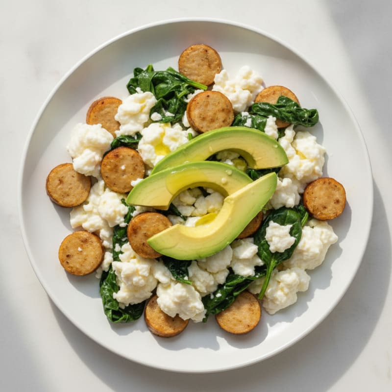 Egg White Scramble with Chicken Sausage and Spinach