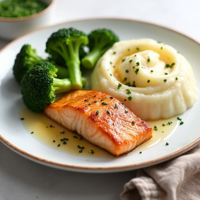 Seared Salmon with Steamed Broccoli and Garlic Mashed Potatoes