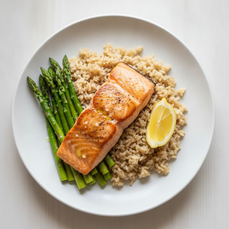 Seared Salmon Fillet with Steamed Asparagus and Brown Rice