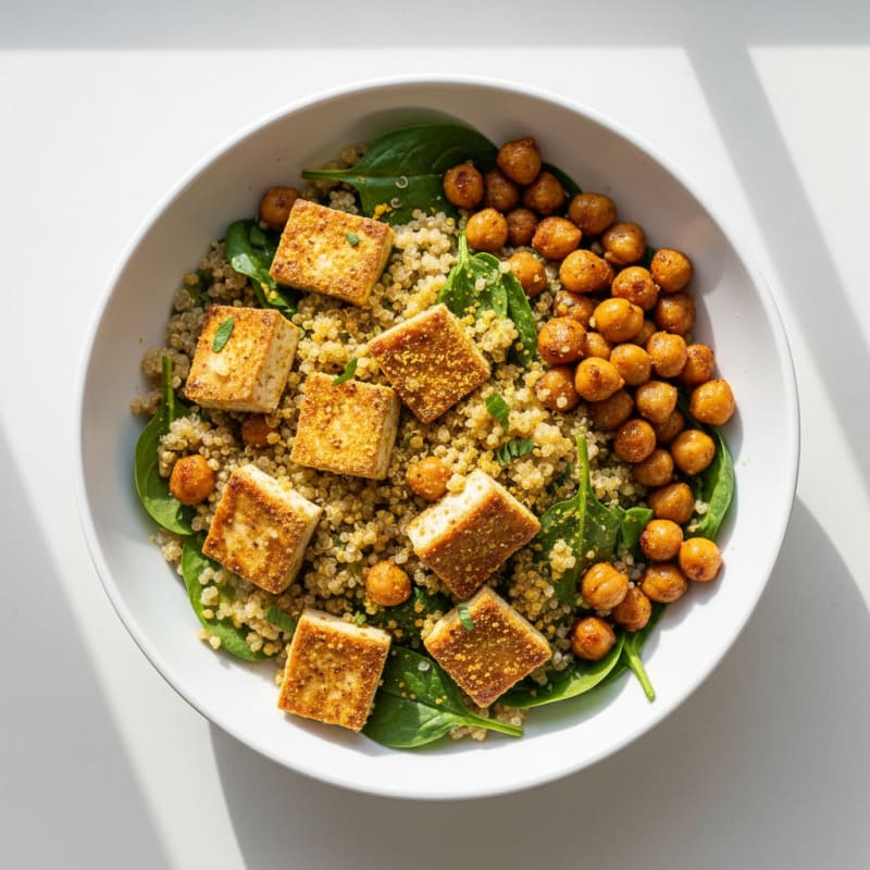Crispy Tofu and Quinoa Power Bowl with Roasted Chickpeas
