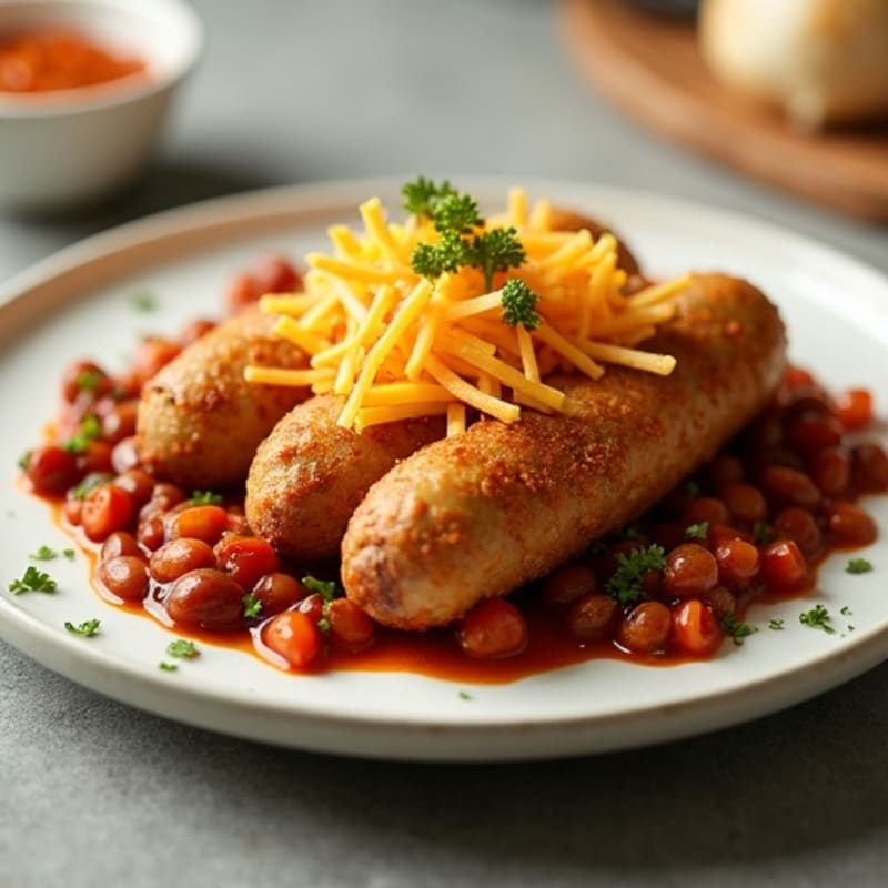 Crispy Baked Chicken Sausage with Hearty Beef Chili and Melty Cheddar