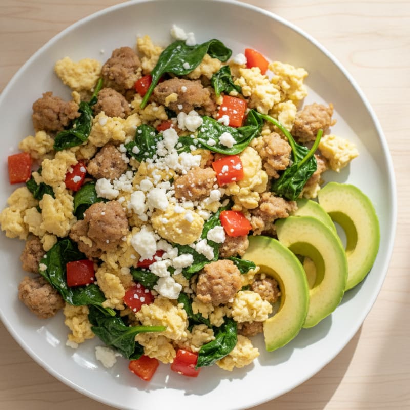 Egg White and Turkey Sausage Scramble with Spinach and Bell Peppers