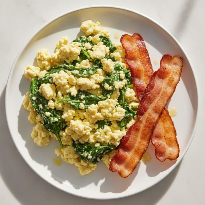 Cottage Cheese and Egg Scramble with Spinach and Turkey Bacon