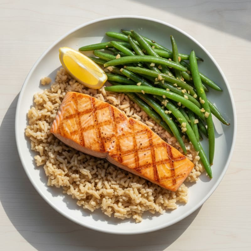 Seared Salmon Fillet with Garlic Green Beans and Brown Rice