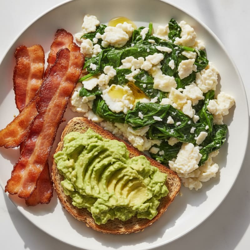 Crispy Turkey Bacon and Egg White Scramble with Sautéed Spinach