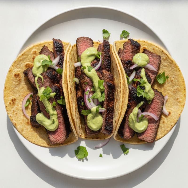 Carne Asada Tacos with Avocado Crema