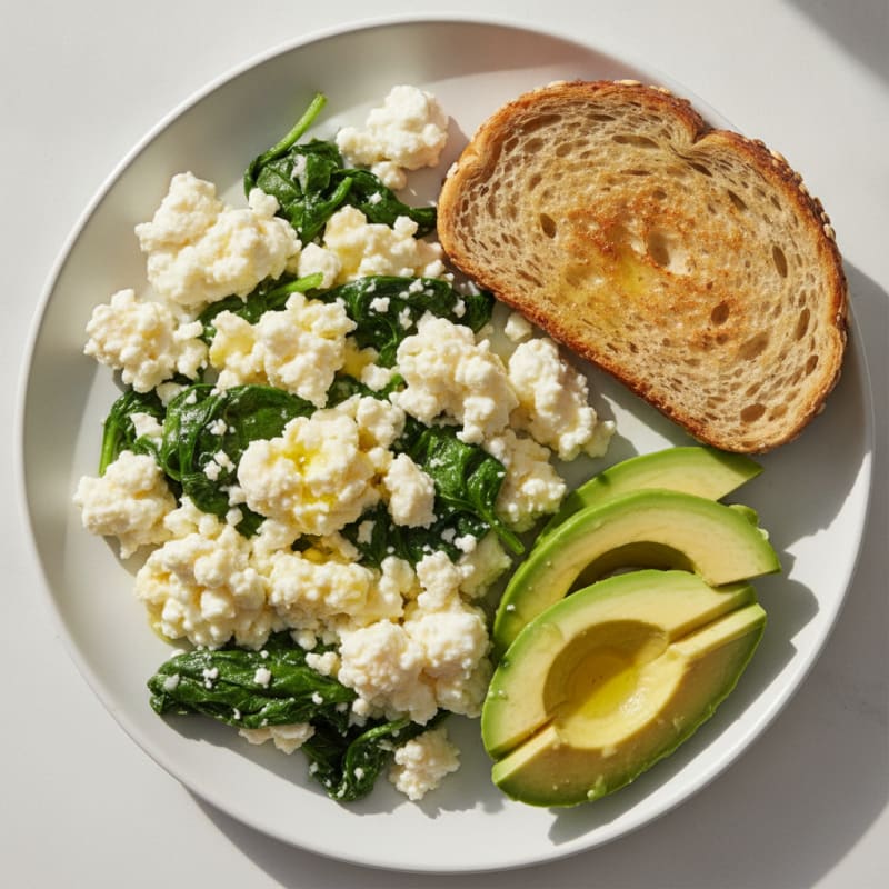 Egg White and Spinach Scramble with Cottage Cheese and Sliced Avocado