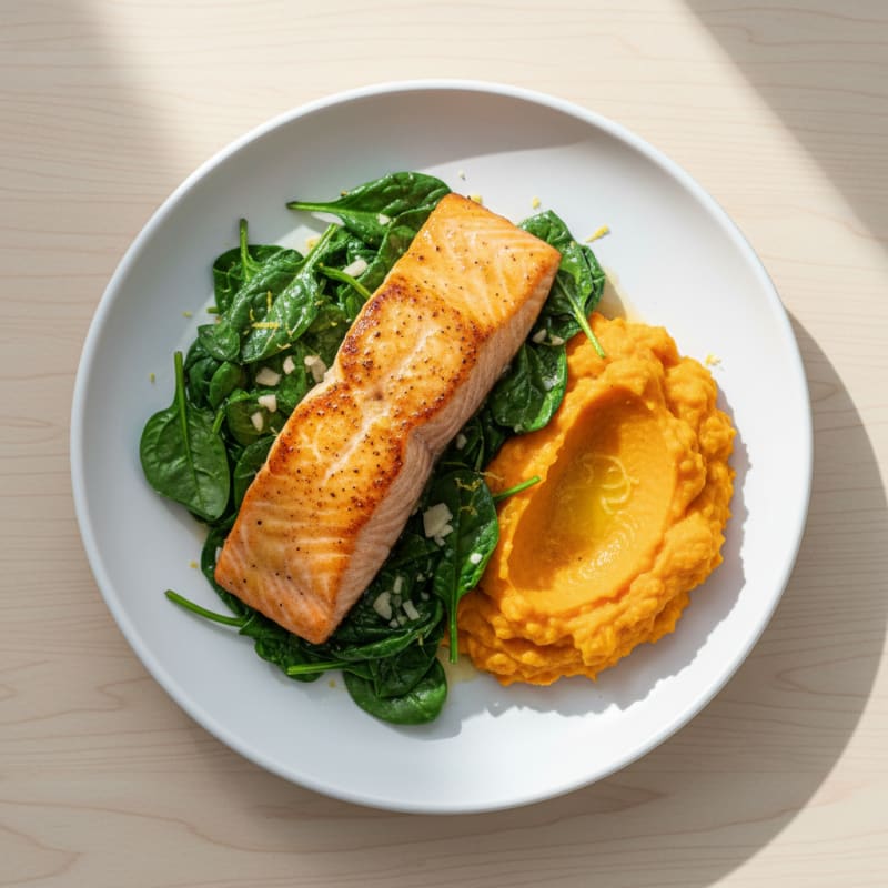 Seared Salmon with Garlic Spinach and Sweet Potato Mash