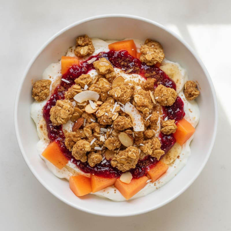 Creamy Protein Banana Papaya Parfait with Oat Crumble and Berry Jam