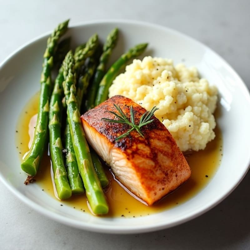 Seared Salmon with Asparagus and Garlic Cauliflower Mash