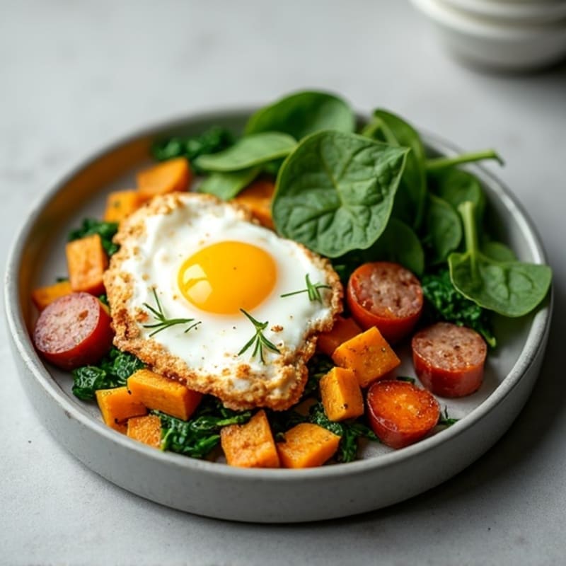 Egg White and Turkey Sausage Scramble with Spinach and Roasted Sweet Potato