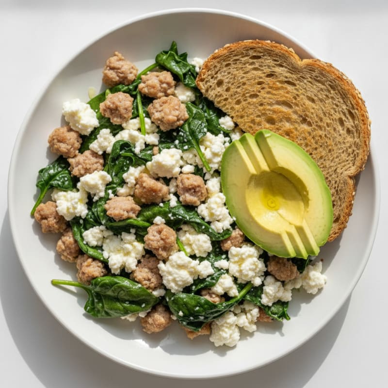 Egg White and Turkey Sausage Scramble with Cottage Cheese and Spinach