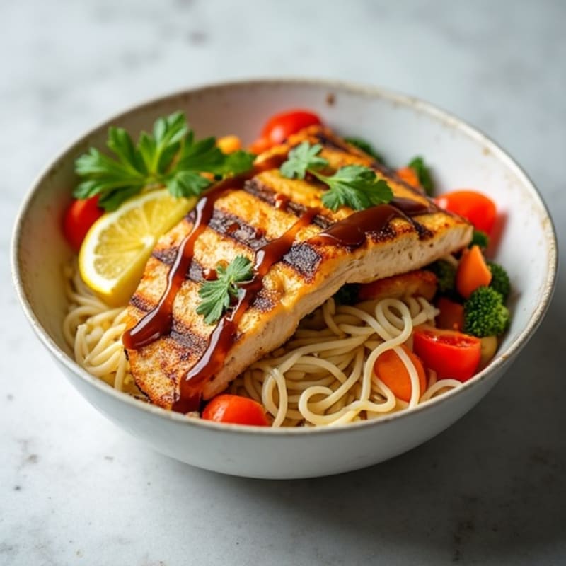 Grilled Chicken Noodle Bowl with Soy Sauce and Steamed Vegetables