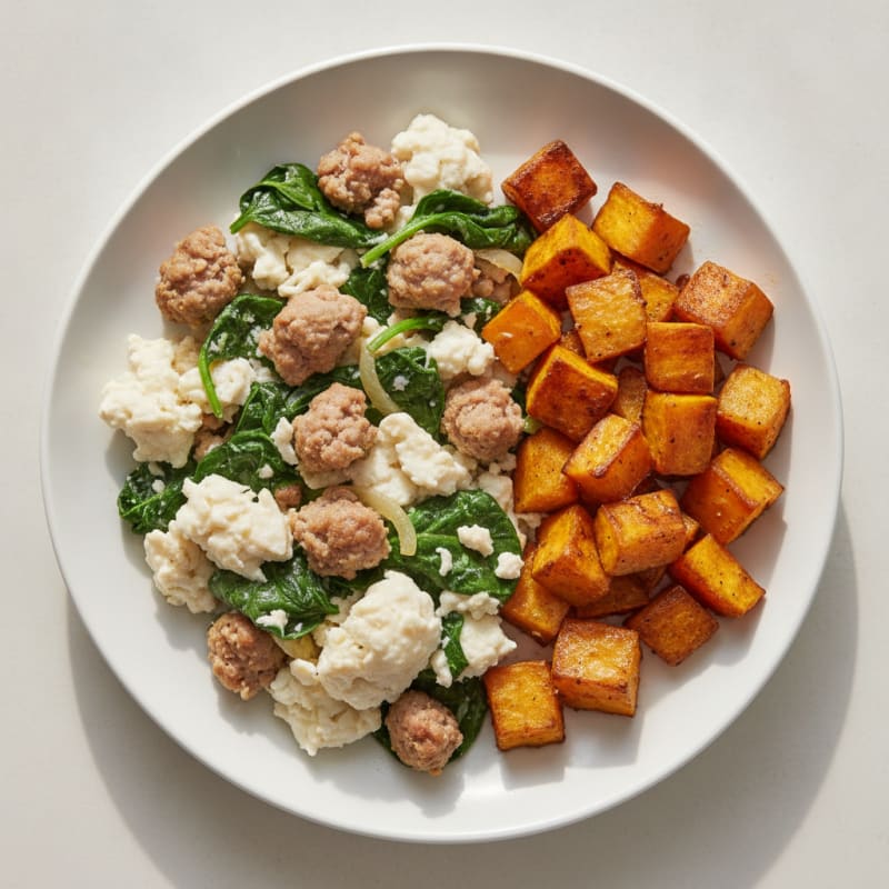 Egg White and Turkey Sausage Scramble with Spinach and Roasted Sweet Potatoes