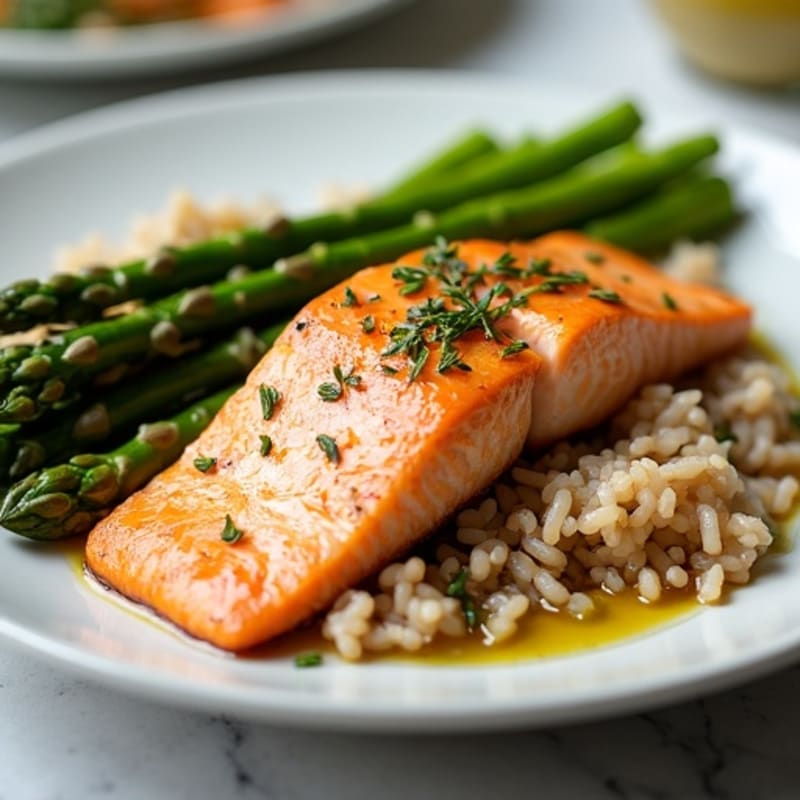 Seared Salmon Fillet with Steamed Asparagus and Brown Rice
