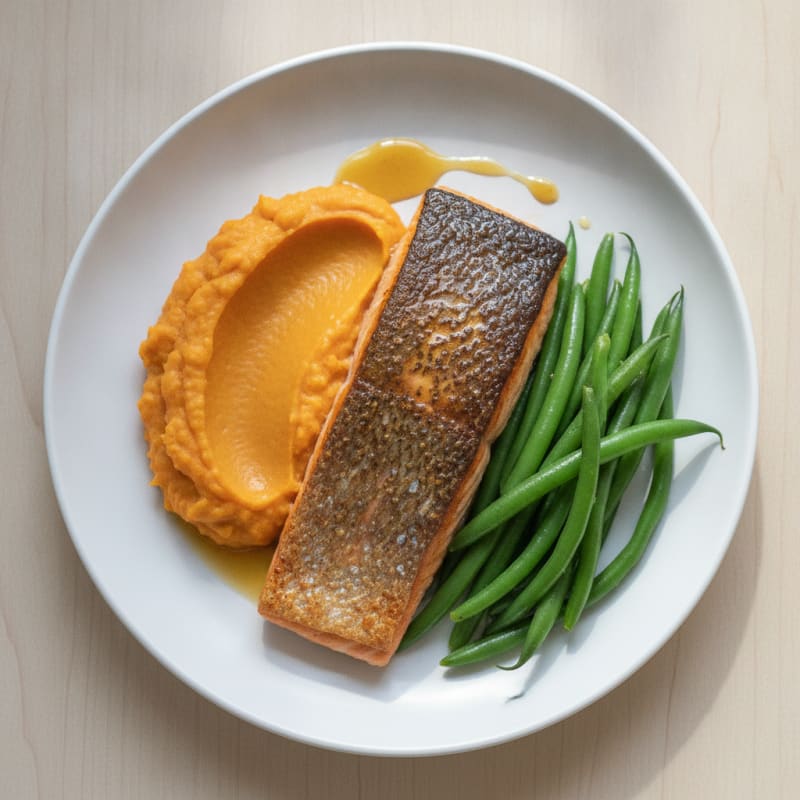 Pan-Seared Salmon with Steamed Green Beans and Sweet Potato Mash
