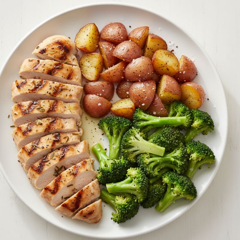 Grilled Chicken Breast with Roasted Potatoes and Steamed Broccoli