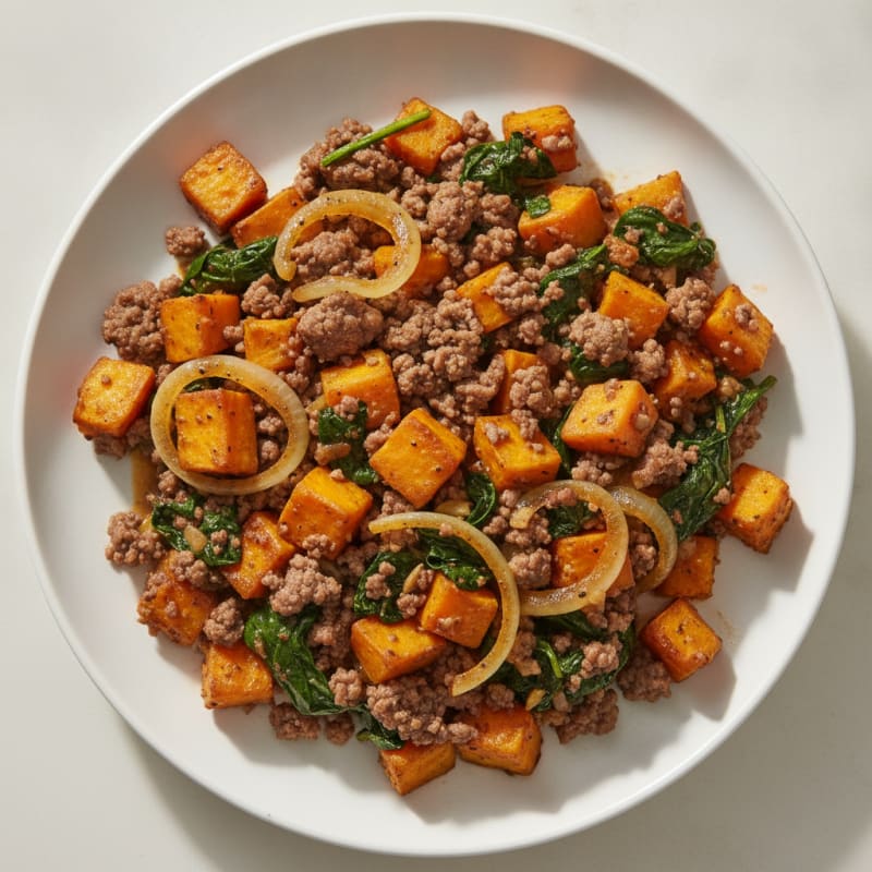 Lean Beef and Sweet Potato Skillet with Sautéed Spinach