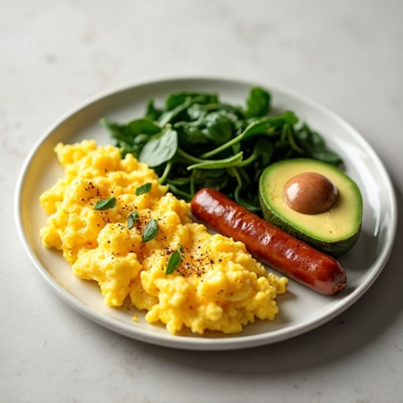 Scrambled Egg Whites with Turkey Sausage, Sautéed Spinach & Avocado