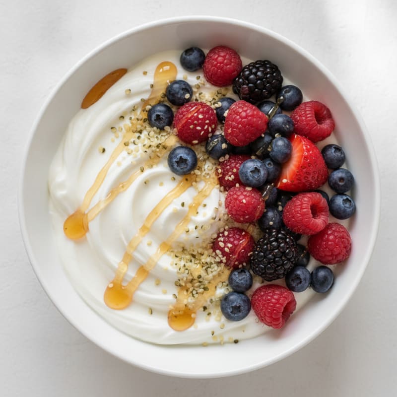 Greek Yogurt Bowl with Mixed Berries and Hemp Seeds