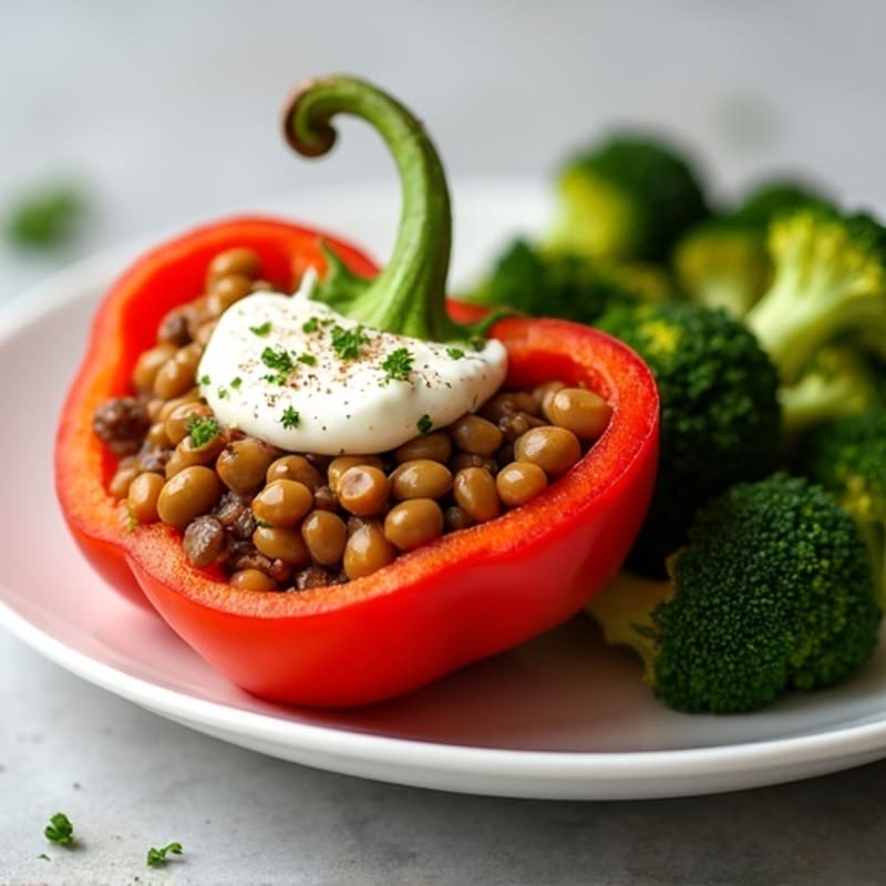 Lentil and Cottage Cheese Stuffed Bell Peppers with Roasted Broccoli