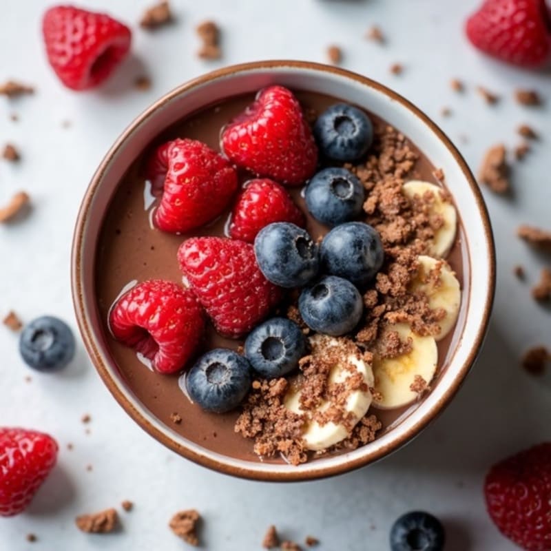 Thick Chocolate Protein Smoothie Bowl with Crunchy Cacao Nibs and Berries
