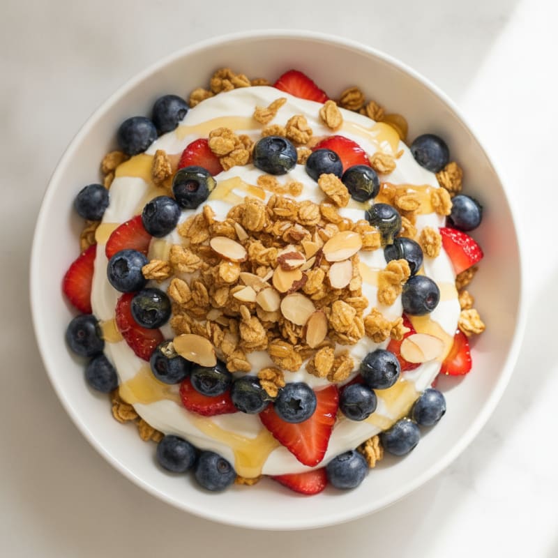 Greek Yogurt Parfait with Crunchy Almond Granola and Berries