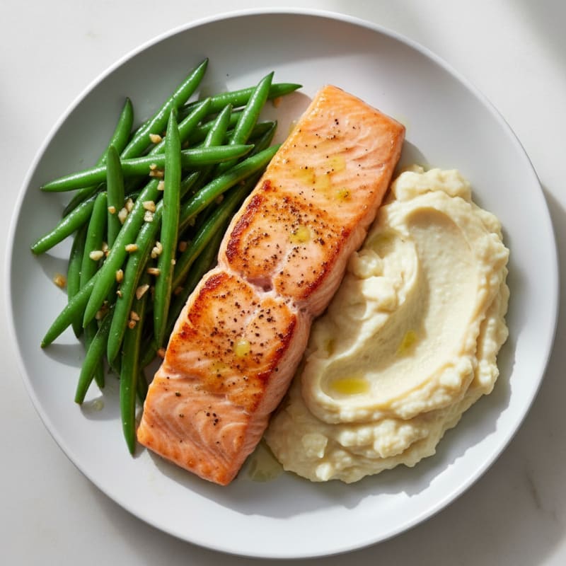 Seared Salmon Fillet with Garlic Green Beans and Cauliflower Mash