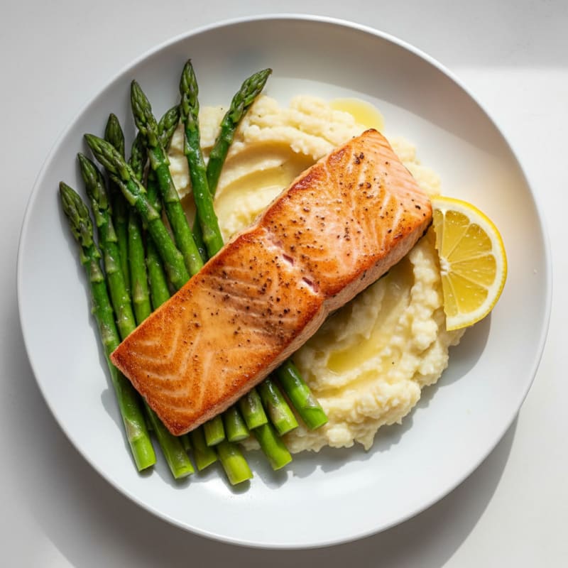 Seared Salmon with Steamed Asparagus and Cauliflower Mash
