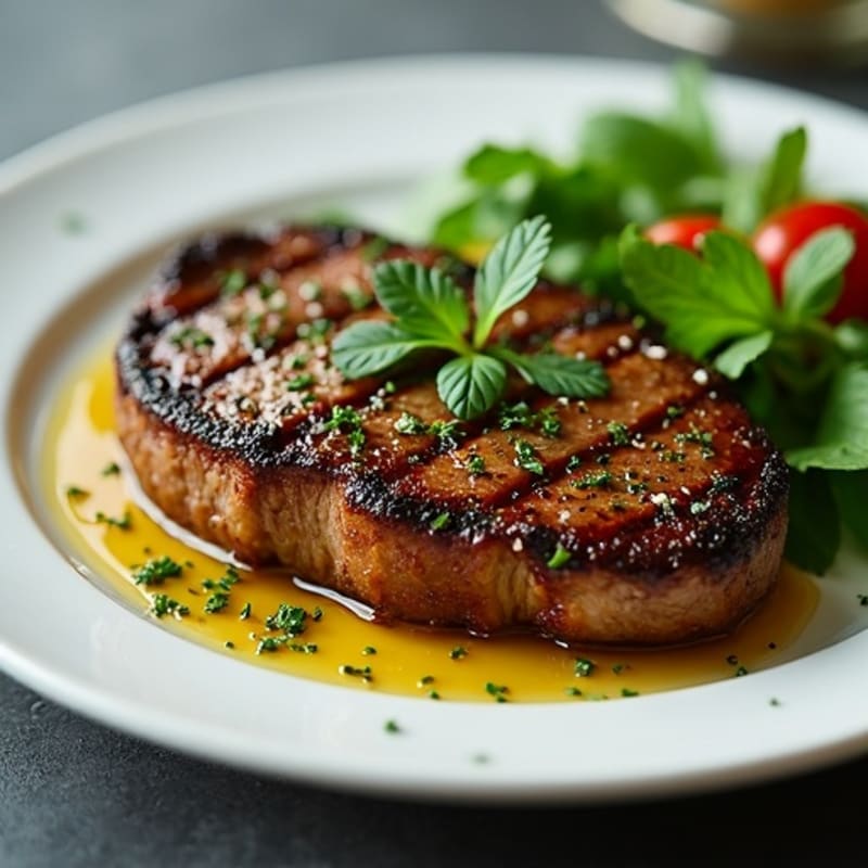 Herb-Crusted Pan Seared Steak with Roasted Garlic