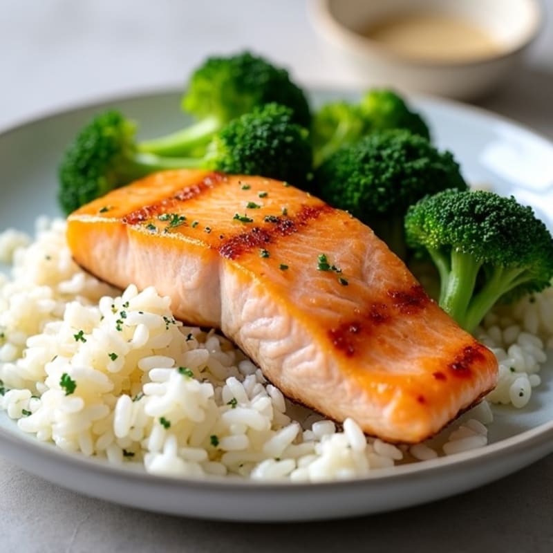 Seared Salmon with Steamed Broccoli and Garlic Rice