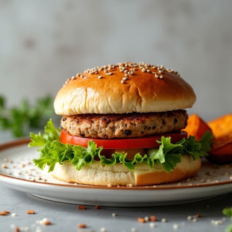 Juicy Turkey Burger with Roasted Sweet Potato Wedges and Fresh Greens