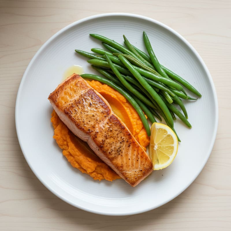 Seared Salmon Fillet with Steamed Green Beans and Sweet Potato Mash