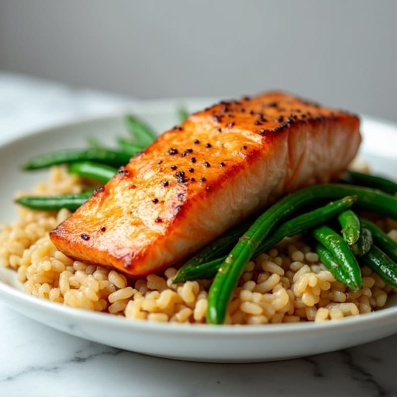 Seared Salmon Fillet with Brown Rice and Garlic Green Beans