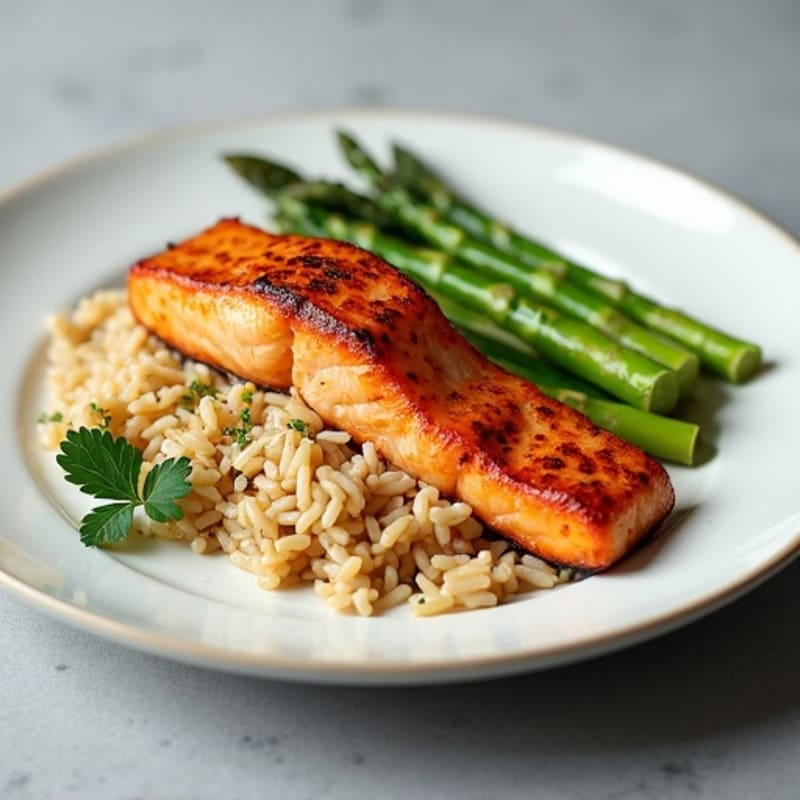 Seared Salmon Fillet with Steamed Asparagus and Brown Rice