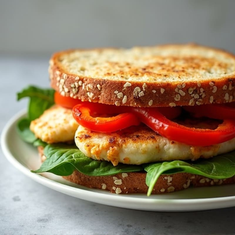Healthy Grilled Chicken Pesto Sandwich with Roasted Red Peppers