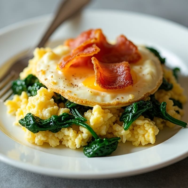 Cottage Cheese Egg Scramble with Sautéed Spinach and Turkey Bacon