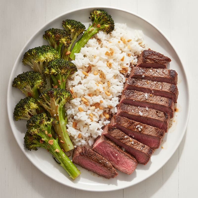 Seared Lean Beef with Roasted Broccoli and Garlic Rice