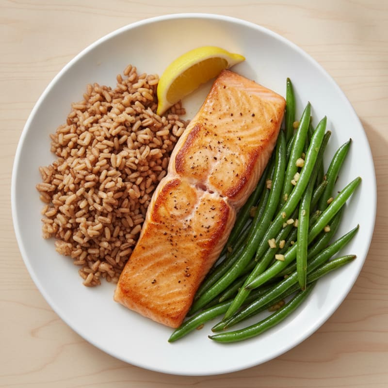 Seared Salmon with Garlic Green Beans and Brown Rice
